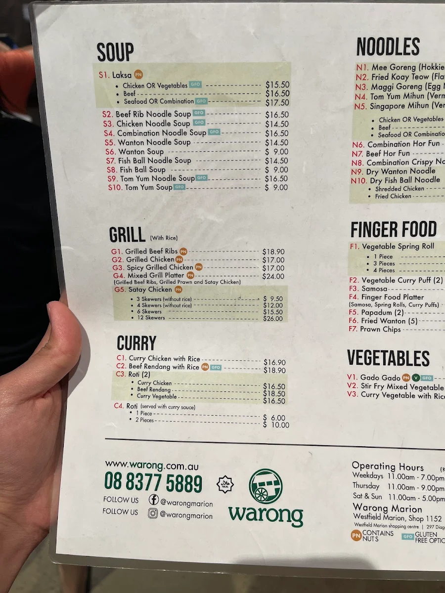 Menu, Warong Marion