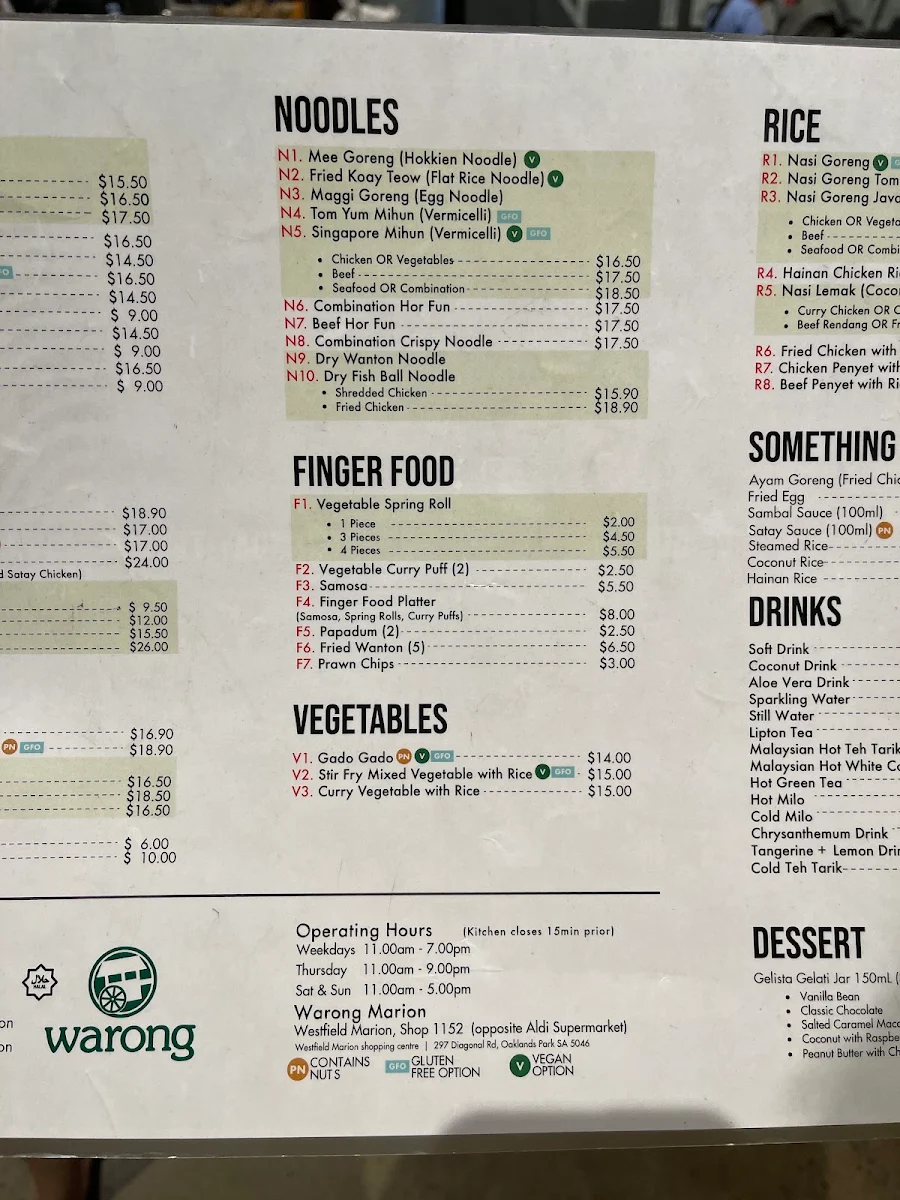 Menu, Warong Marion