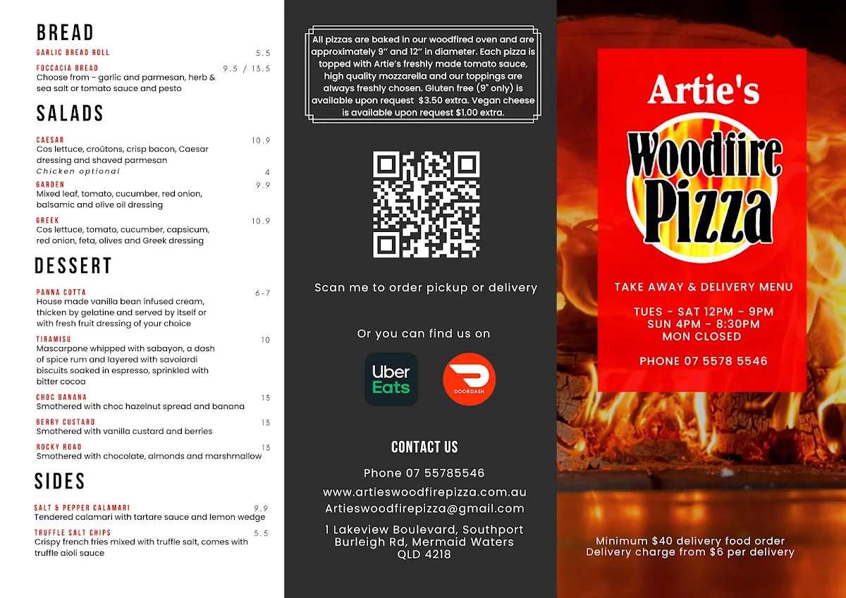 Menu, Artie's Woodfire Pizza