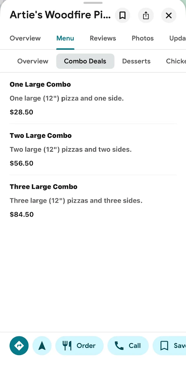 Menu, Artie's Woodfire Pizza