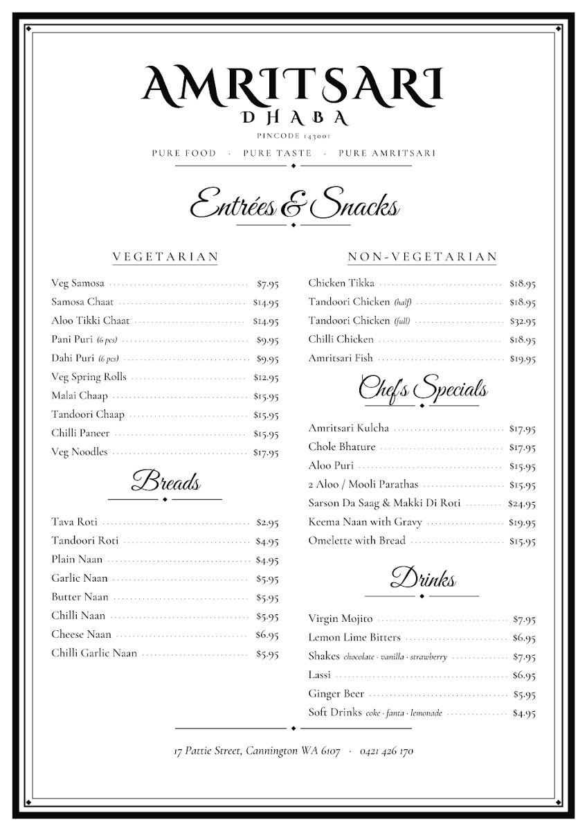 Menu, Amritsari Dhaba