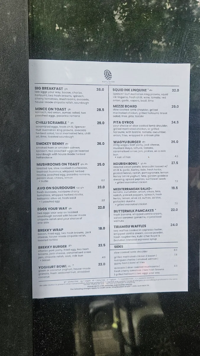 Menu, Kuhl-Cher Coffee Roasters