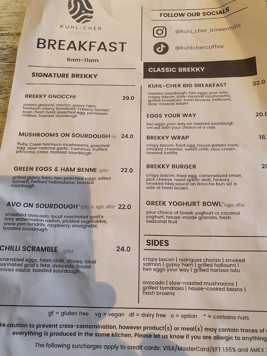 Menu, Kuhl-Cher Coffee Roasters