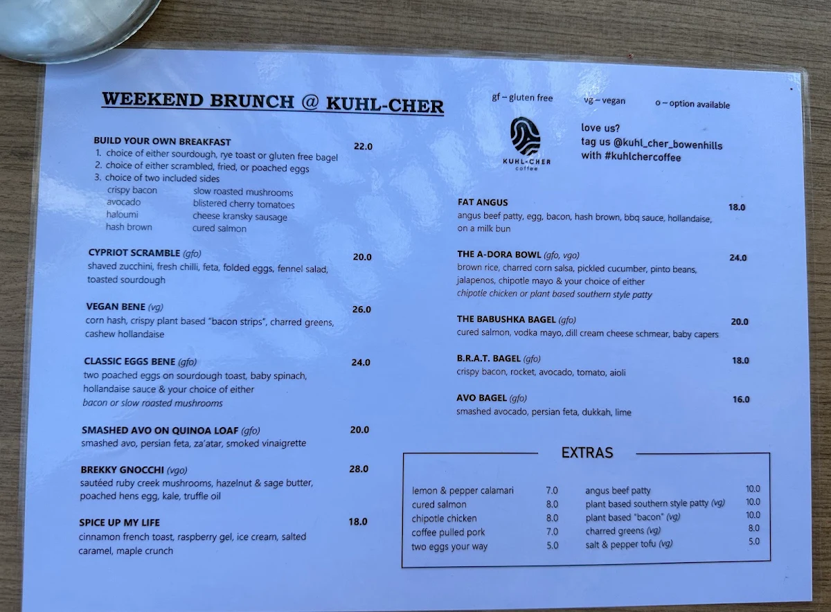 Menu, Kuhl-Cher Coffee Roasters