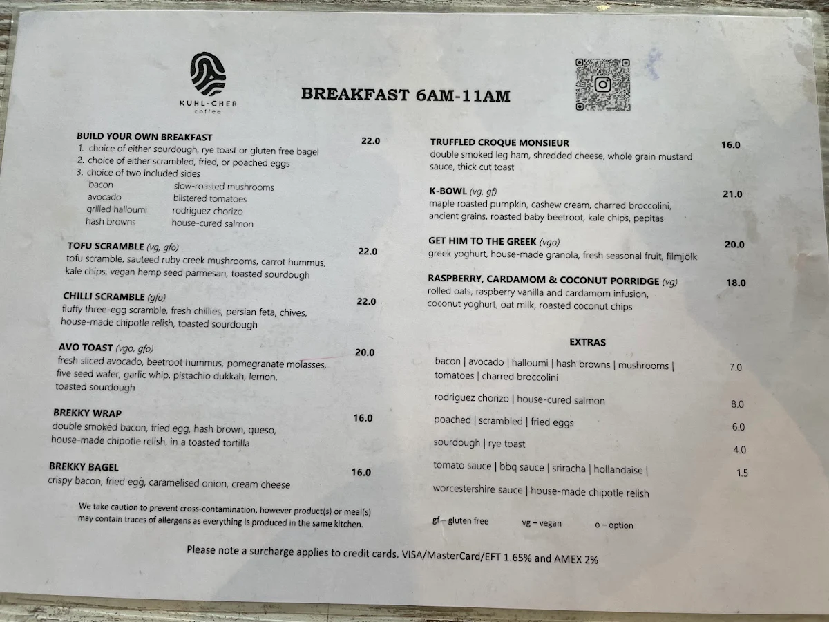 Menu, Kuhl-Cher Coffee Roasters