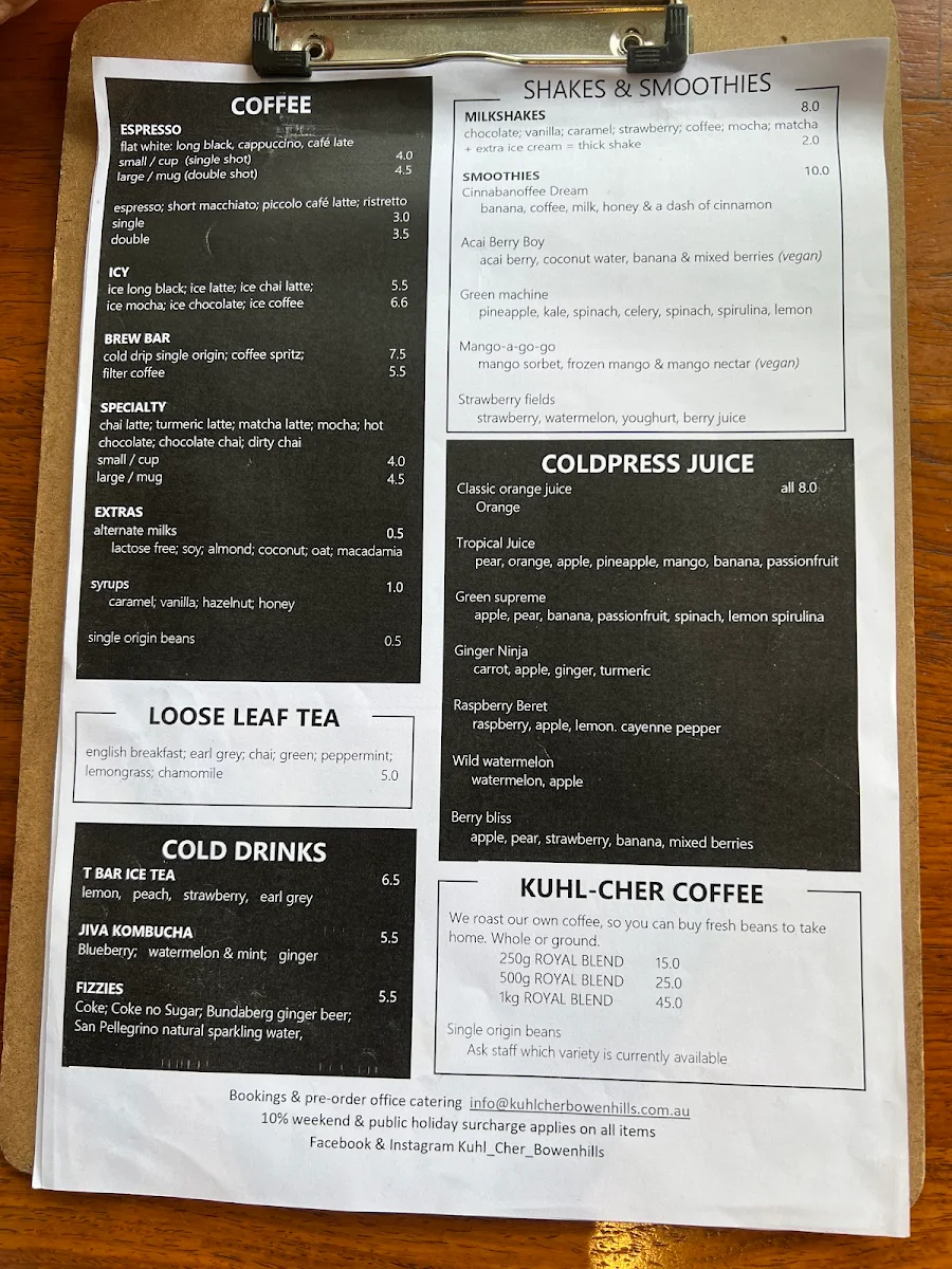 Menu, Kuhl-Cher Coffee Roasters