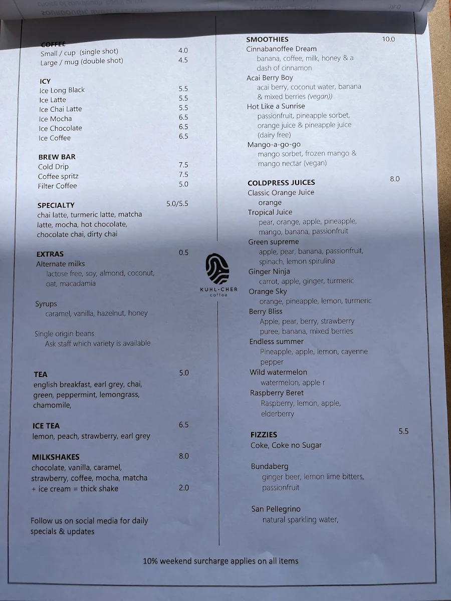 Menu, Kuhl-Cher Coffee Roasters