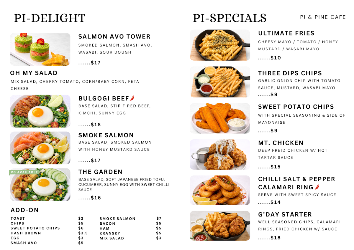 Menu, Pi & Pine Cafe