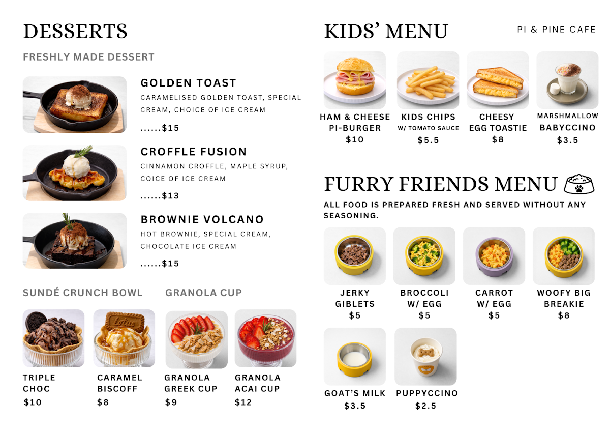 Menu, Pi & Pine Cafe