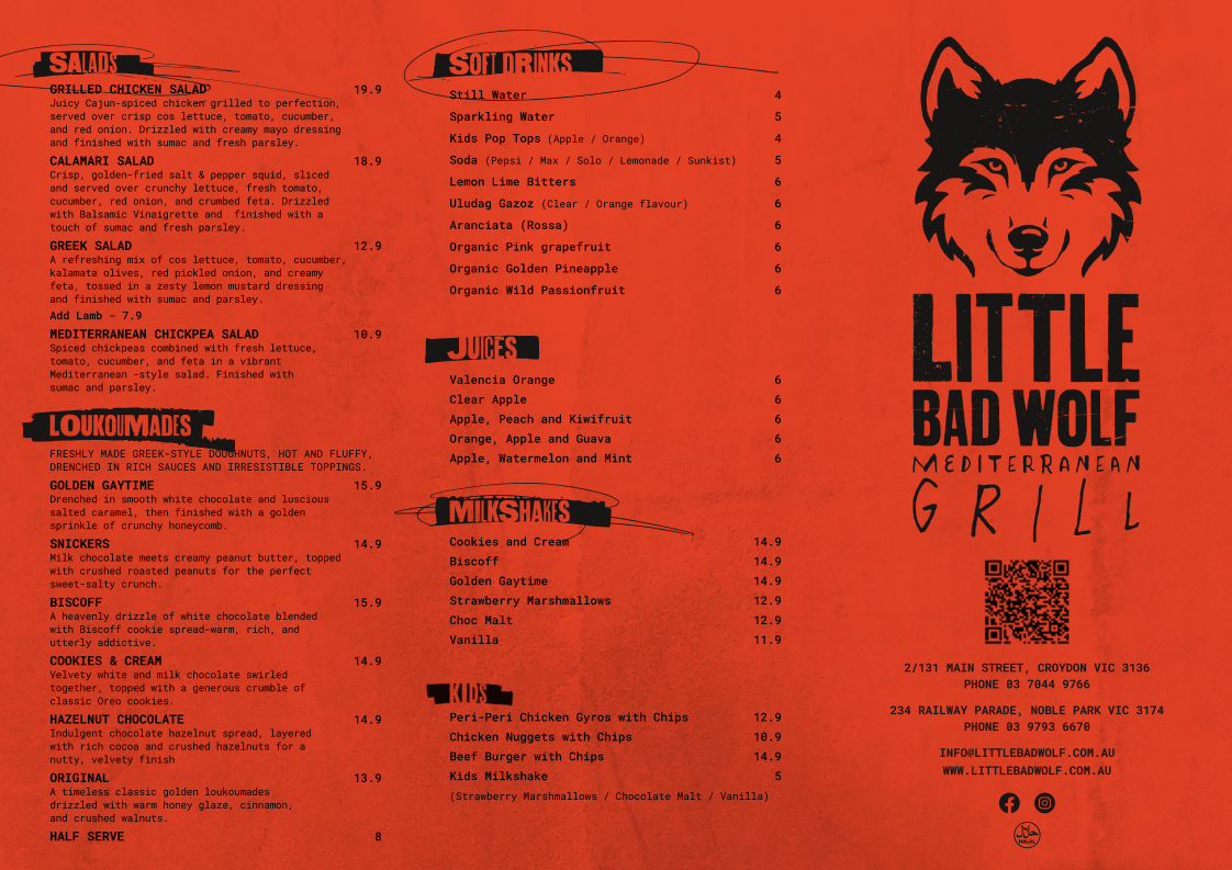 Menu, Little Bad Wolf Noble Park