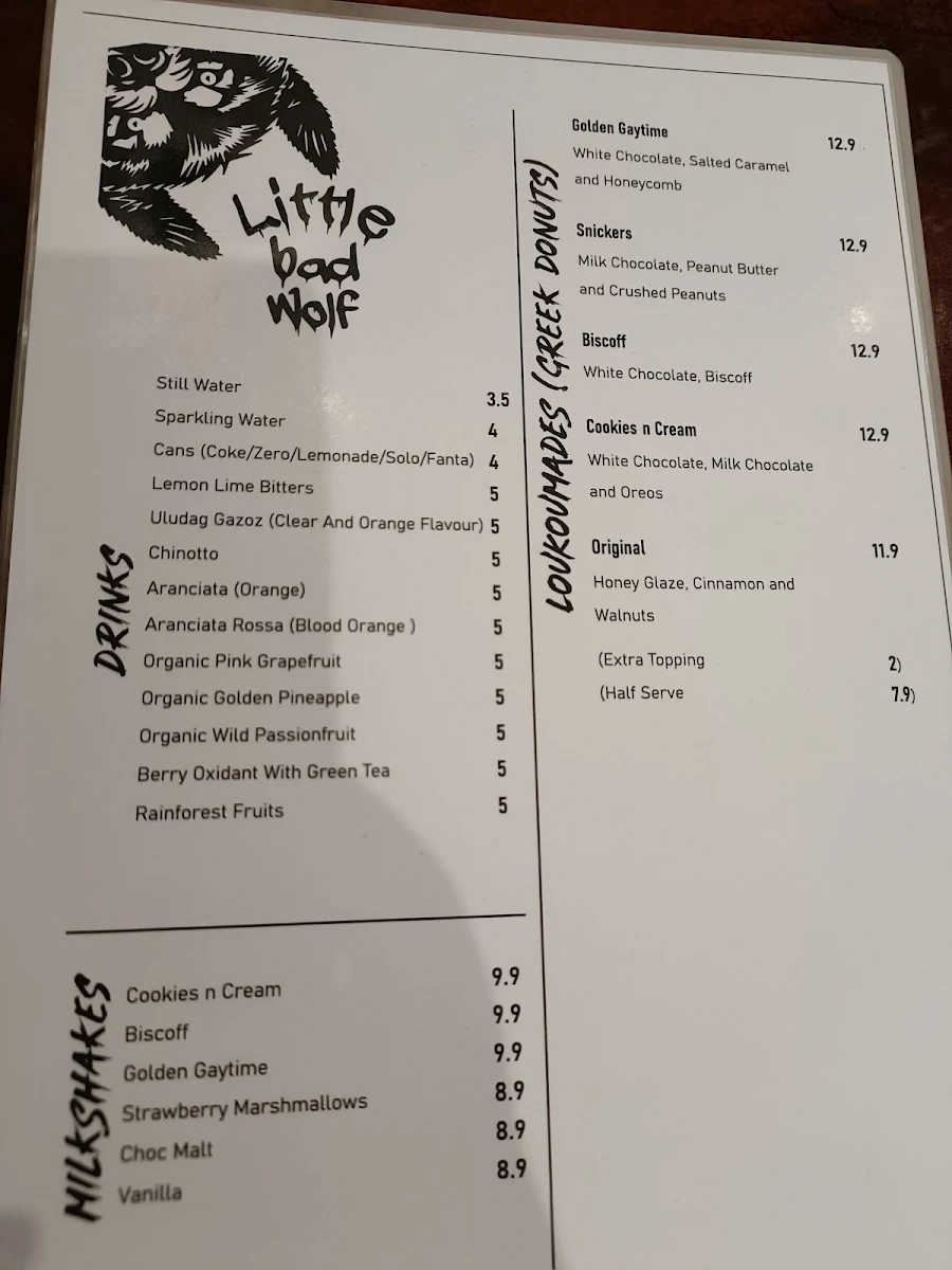 Menu, Little Bad Wolf Noble Park