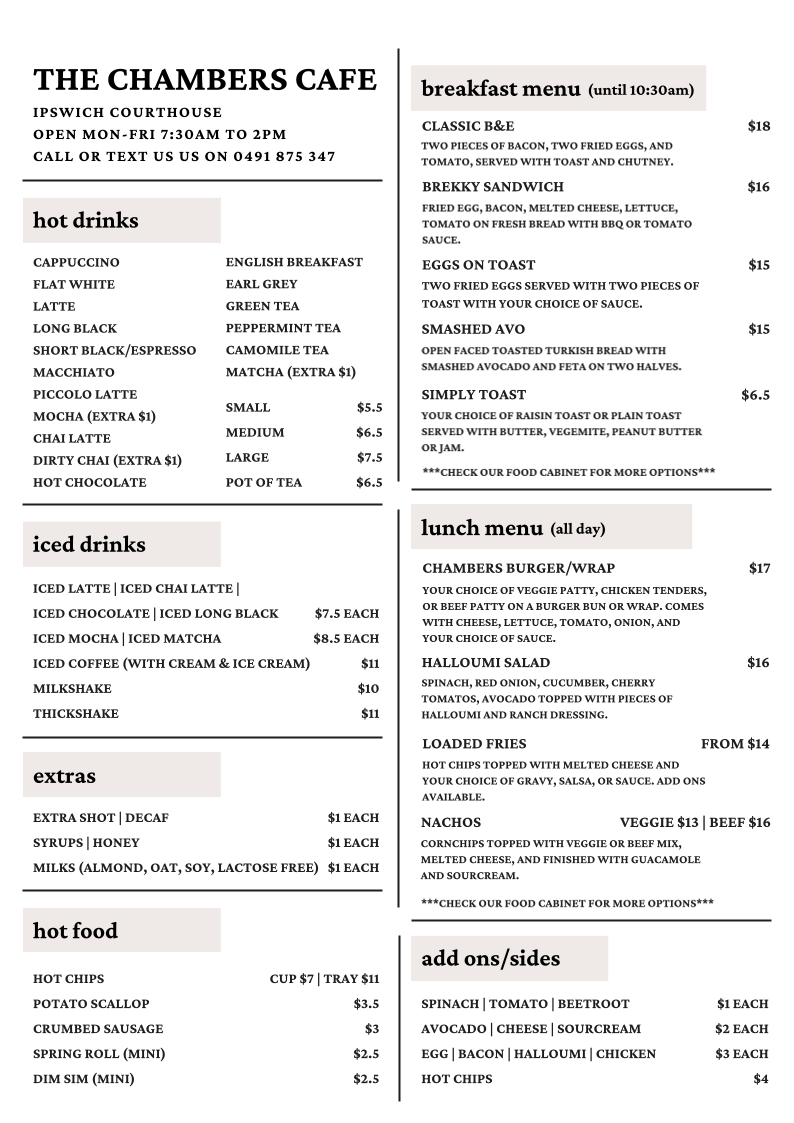 Menu, The Chambers Cafe
