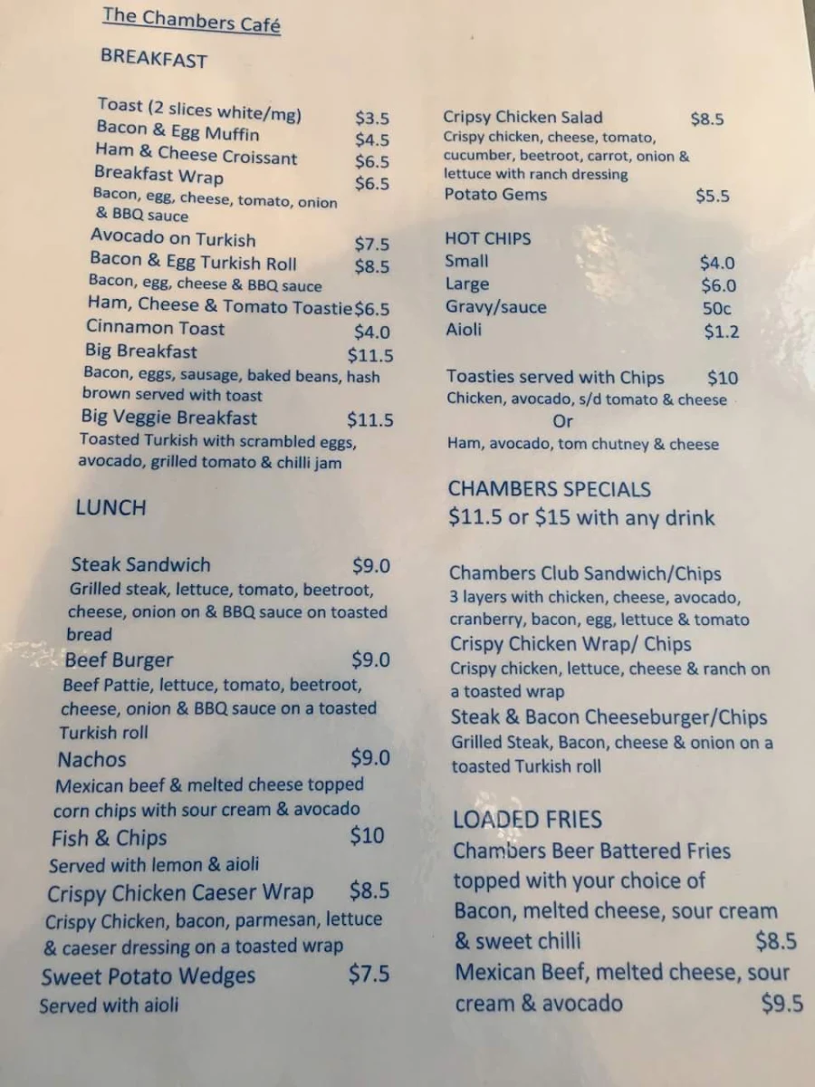 Menu, The Chambers Cafe