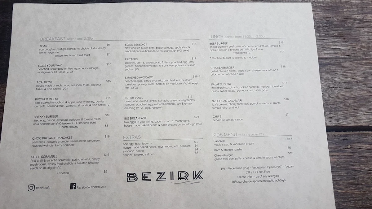 Menu, Bezirk Cafe