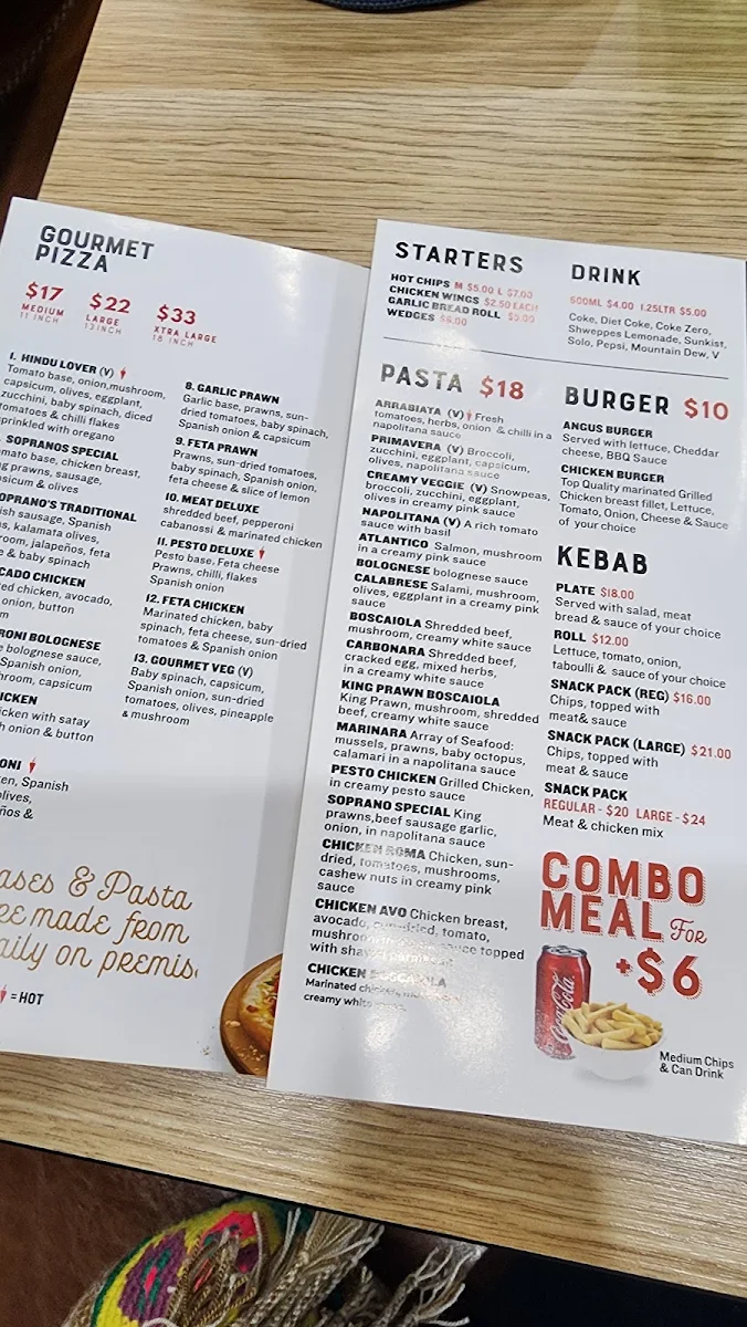 Menu, Sopranos Gourmet Pizza Pasta & Kebab