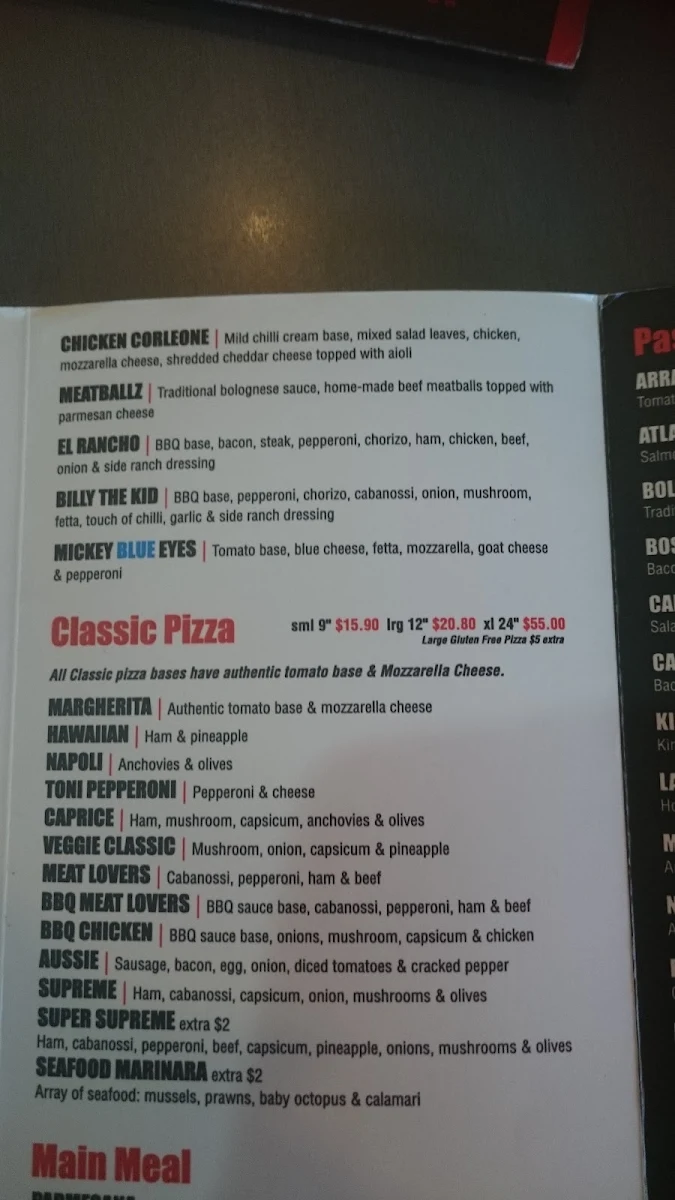 Menu, Sopranos Gourmet Pizza Pasta & Kebab