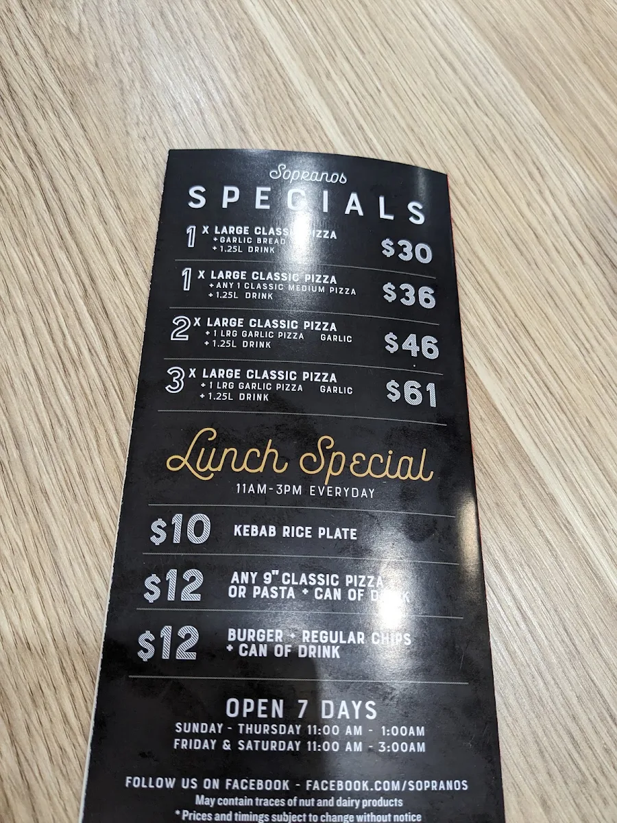 Menu, Sopranos Gourmet Pizza Pasta & Kebab