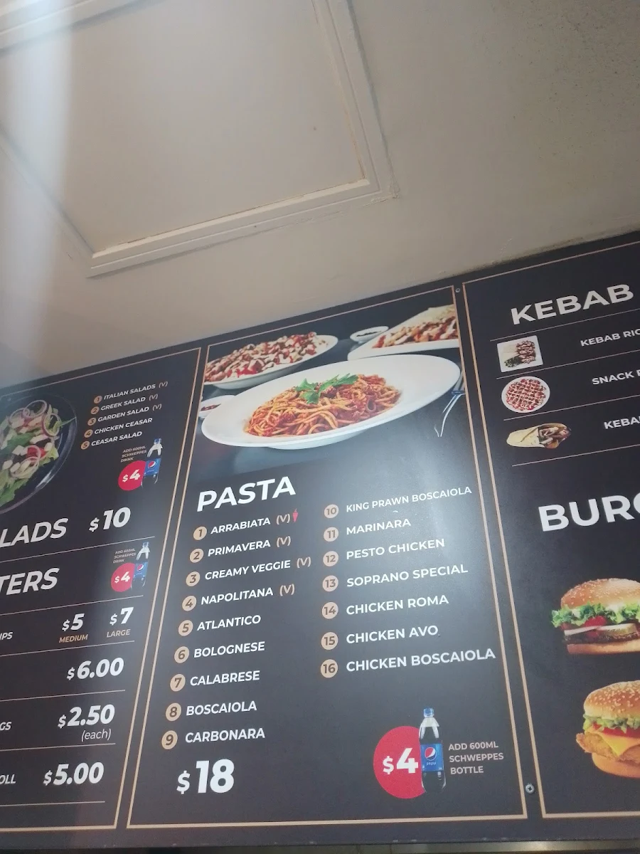Menu, Sopranos Gourmet Pizza Pasta & Kebab