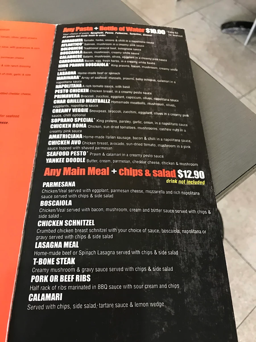 Menu, Sopranos Gourmet Pizza Pasta & Kebab
