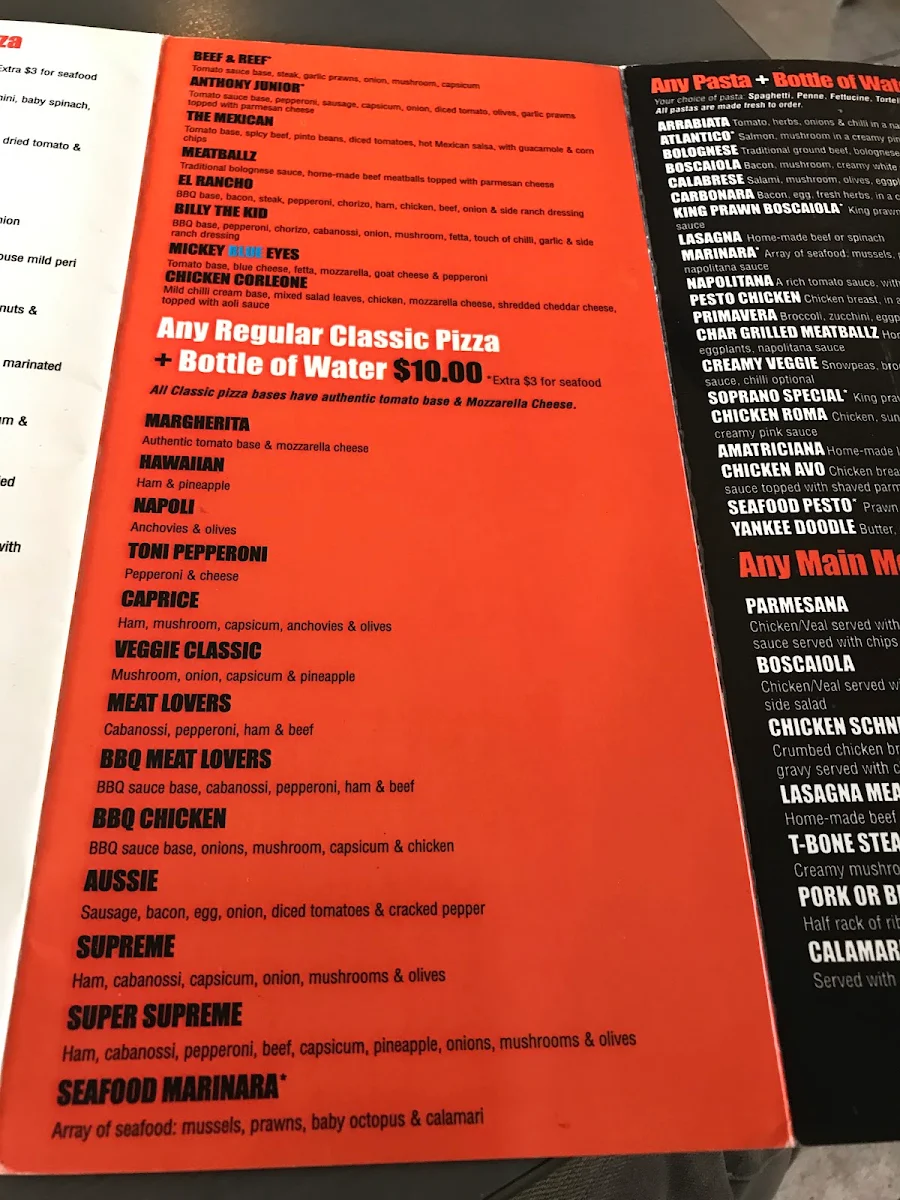Menu, Sopranos Gourmet Pizza Pasta & Kebab