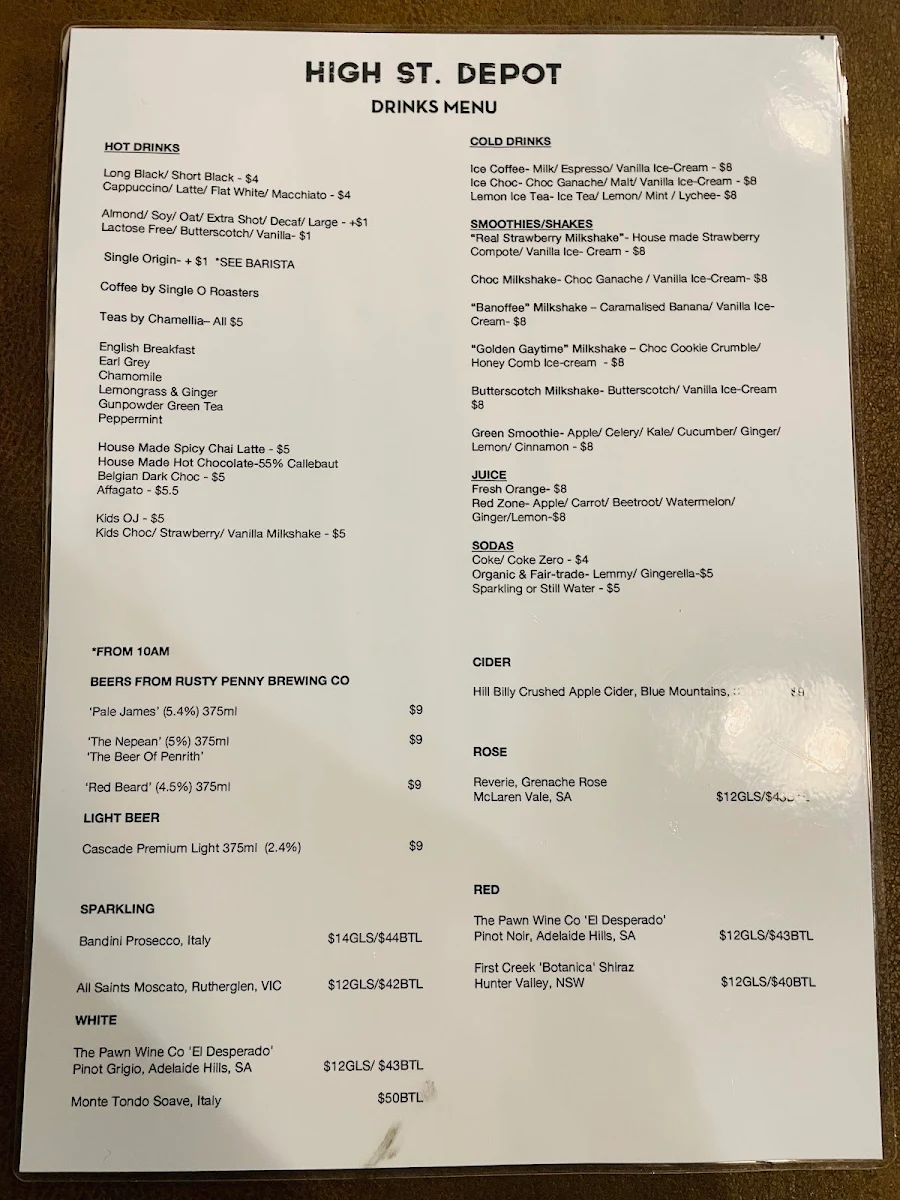 Menu, High St Depot