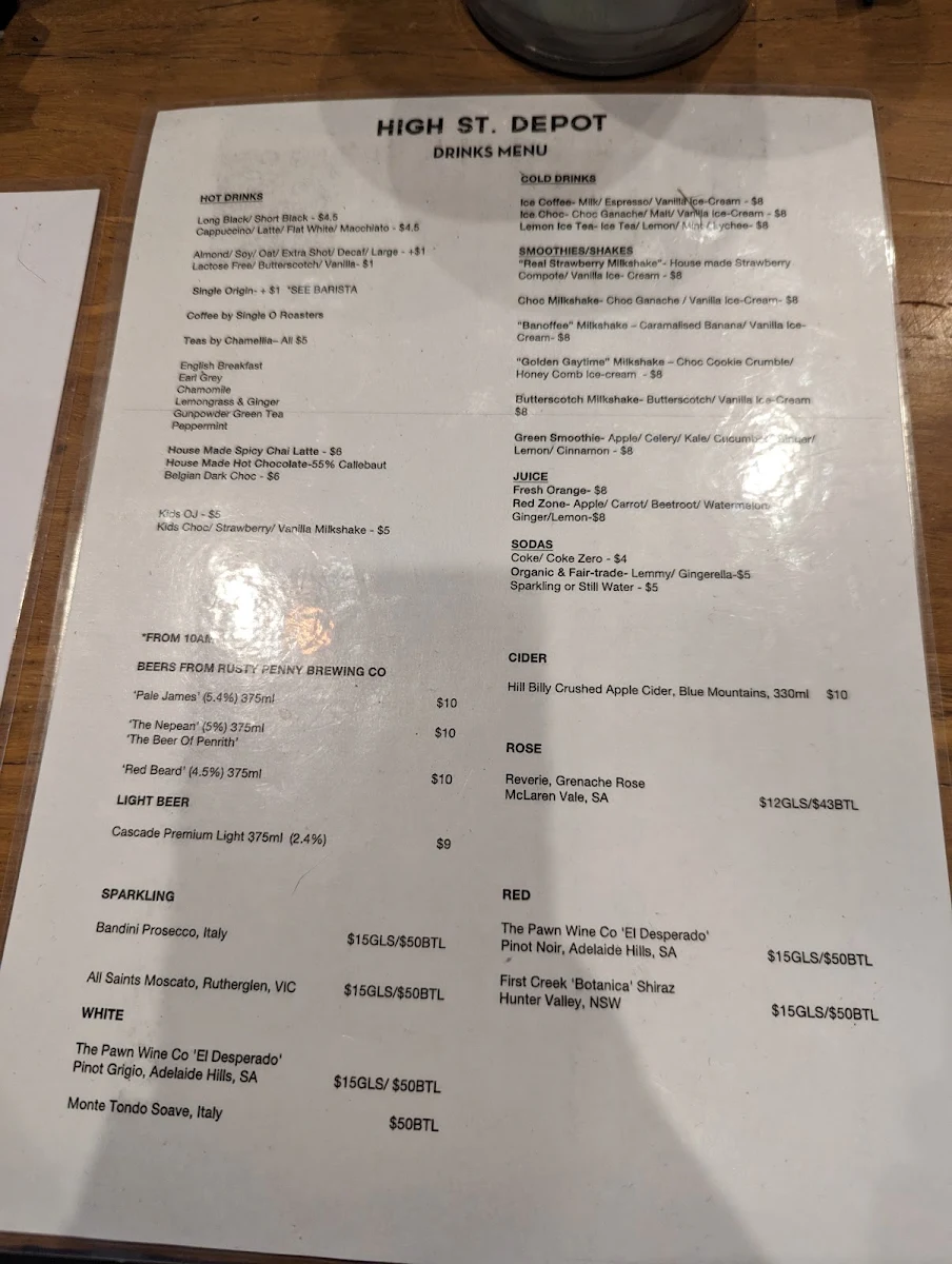 Menu, High St Depot
