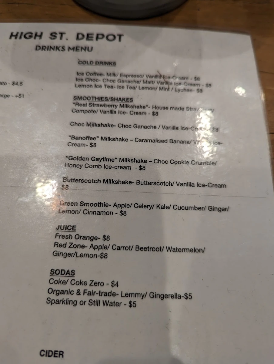 Menu, High St Depot