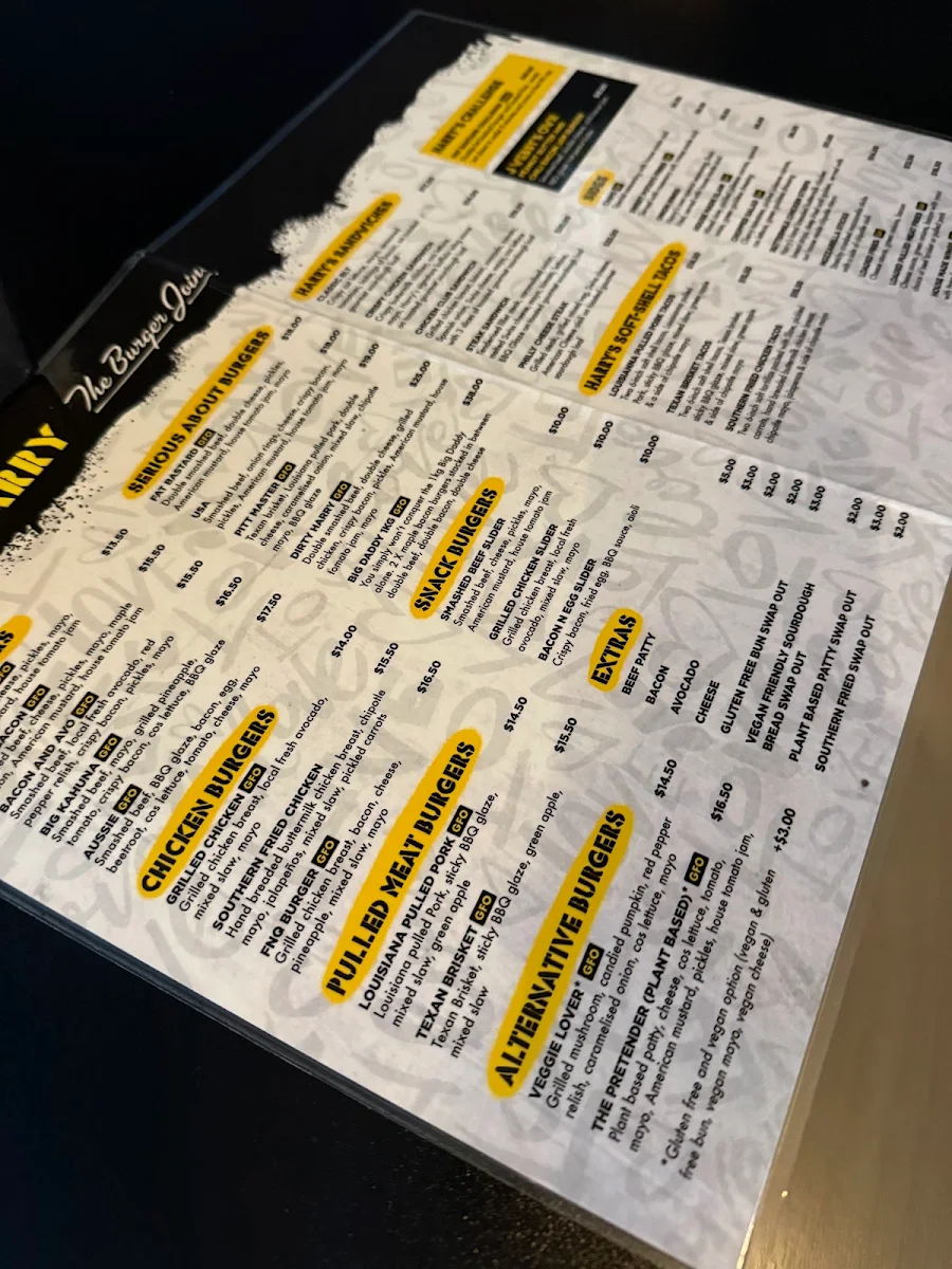 Menu, Hello Harry The Burger Joint (Jindalee)