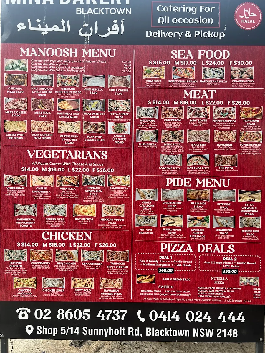 Menu, Mina Bakery Blacktown