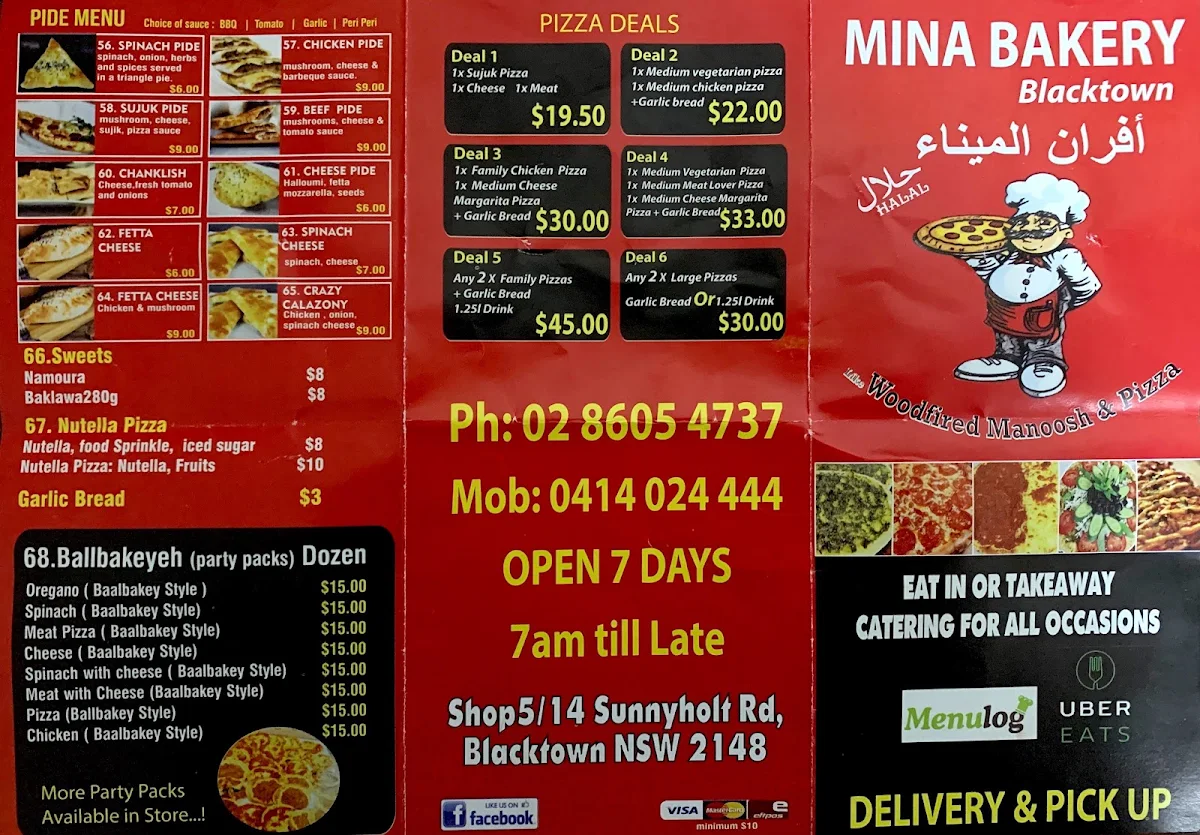 Menu, Mina Bakery Blacktown