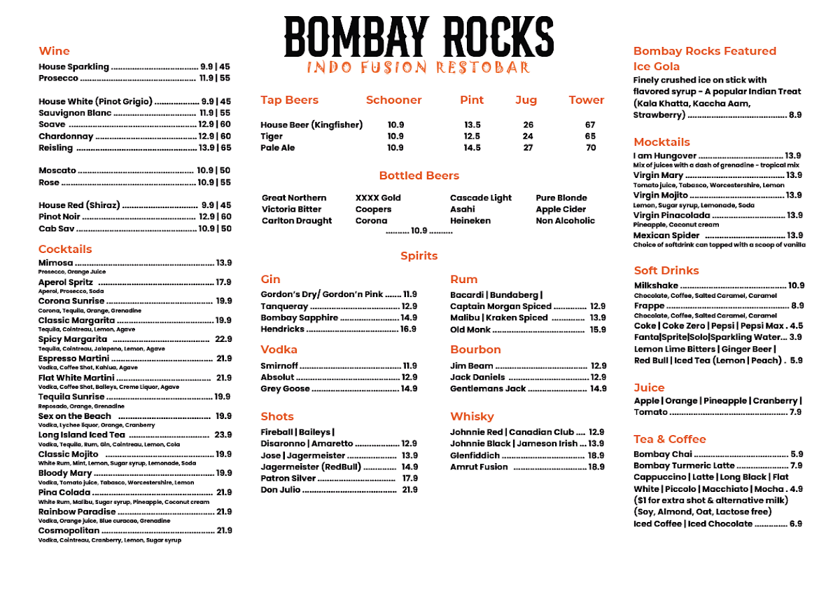 Menu, Bombay Rocks