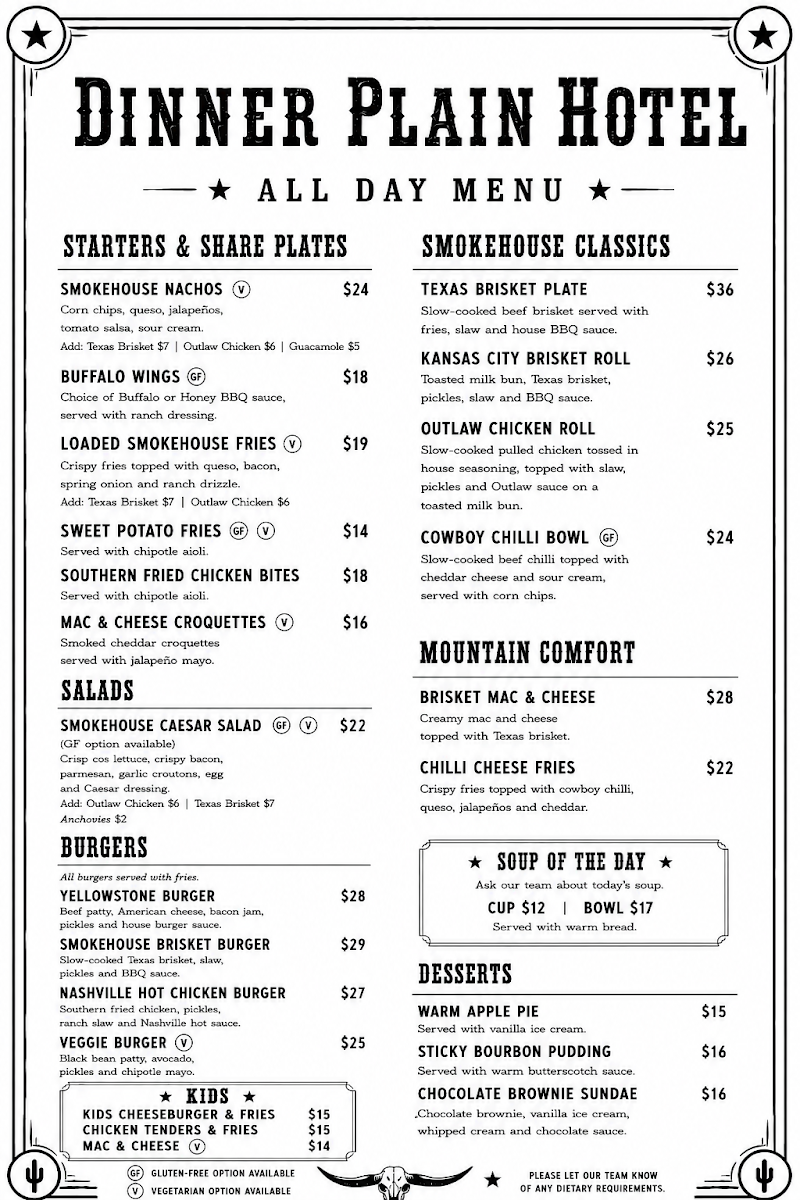 Menu, Dinner Plain Hotel