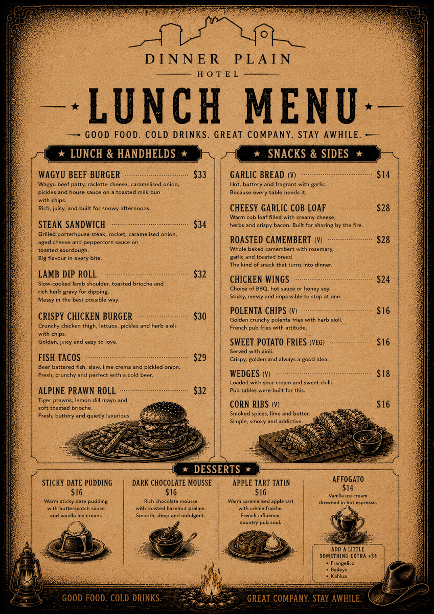 Menu, Dinner Plain Hotel