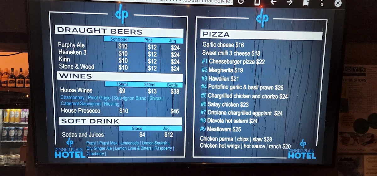 Menu, Dinner Plain Hotel