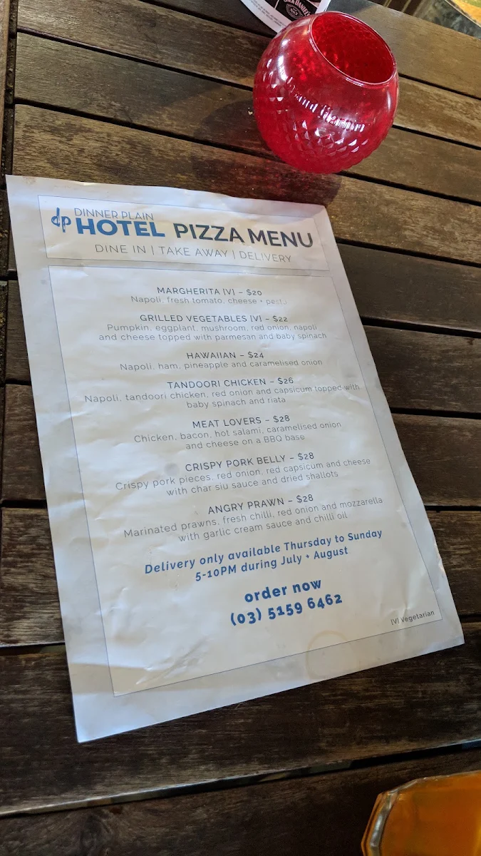 Menu, Dinner Plain Hotel
