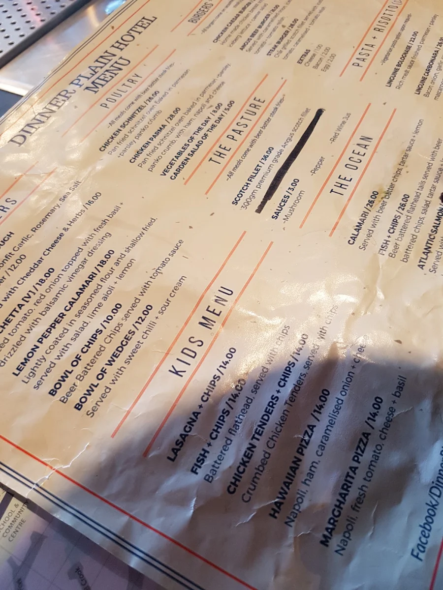 Menu, Dinner Plain Hotel