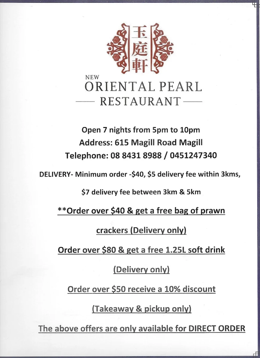 Menu, New Oriental Pearl Restaurant