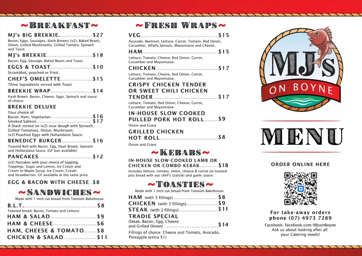 Menu, MJ's on Boyne