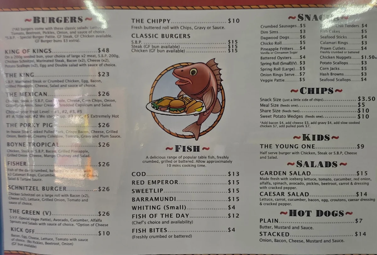 Menu, MJ's on Boyne