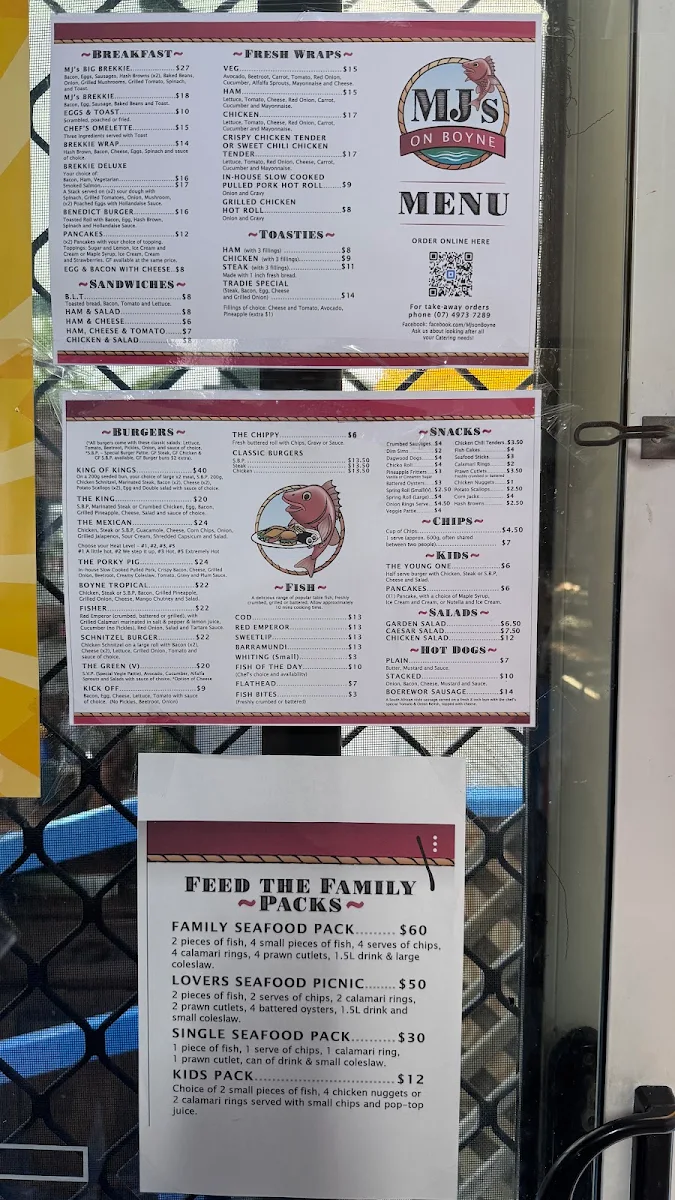 Menu, MJ's on Boyne
