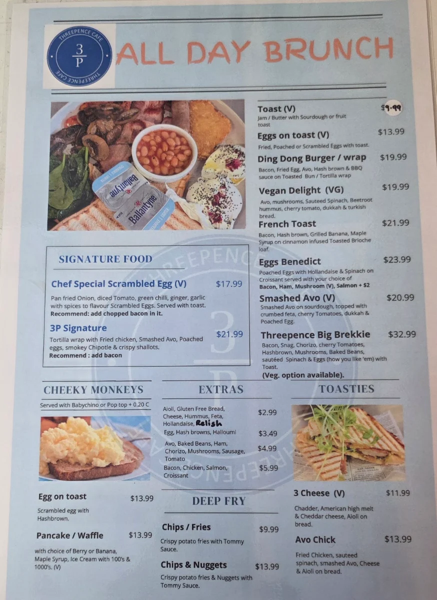 Menu, Threepence Cafe