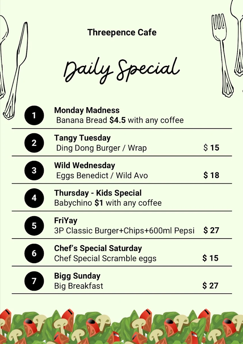 Menu, Threepence Cafe