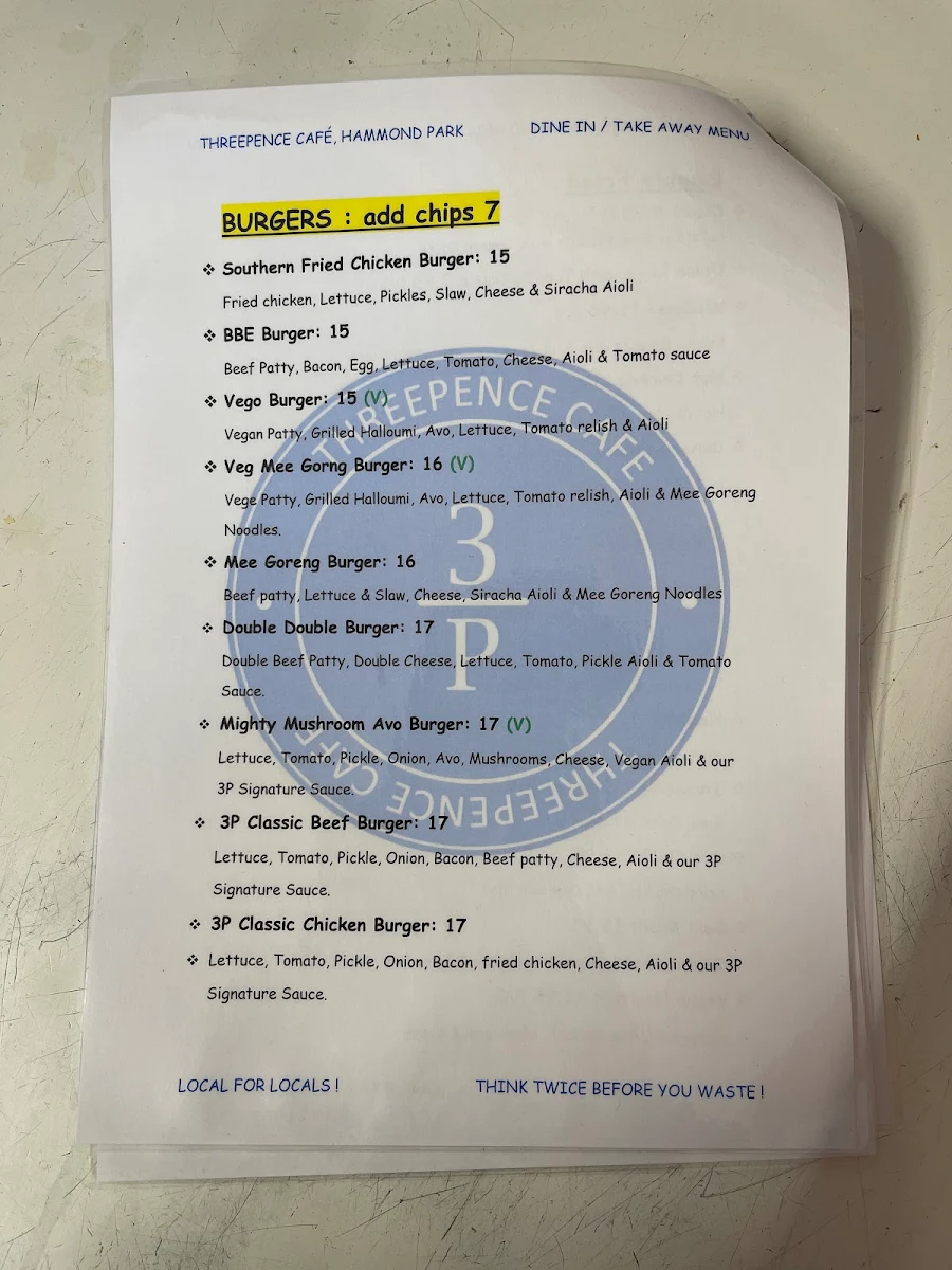 Menu, Threepence Cafe