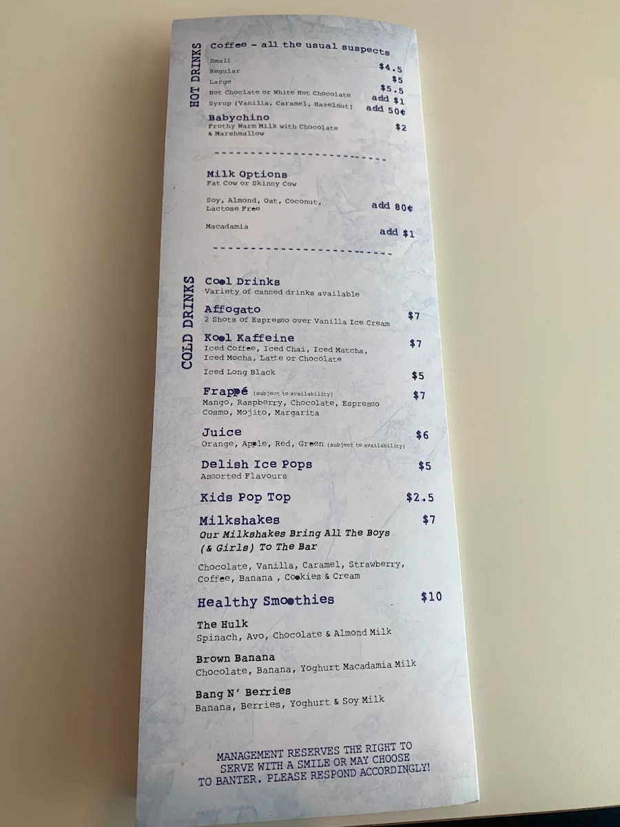 Menu, Threepence Cafe