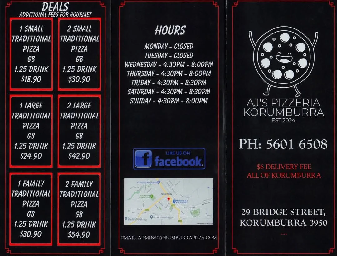 Menu, AJ's Pizzeria Korumburra