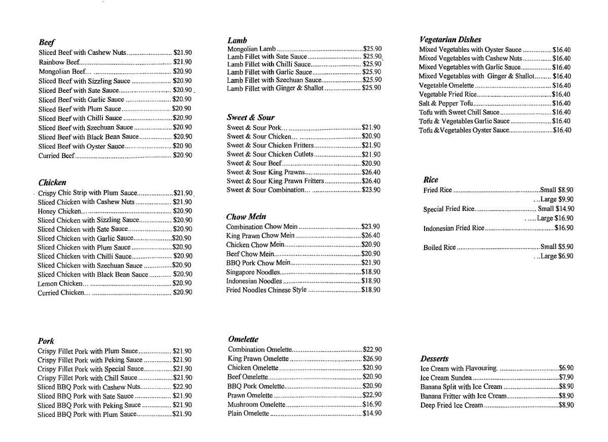Menu, DONG FANG Food Chinese Restaurant