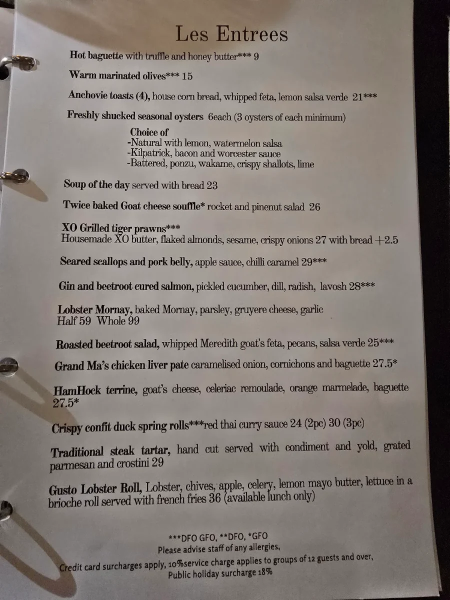 Menu, Gusto Riverfront Restaurant