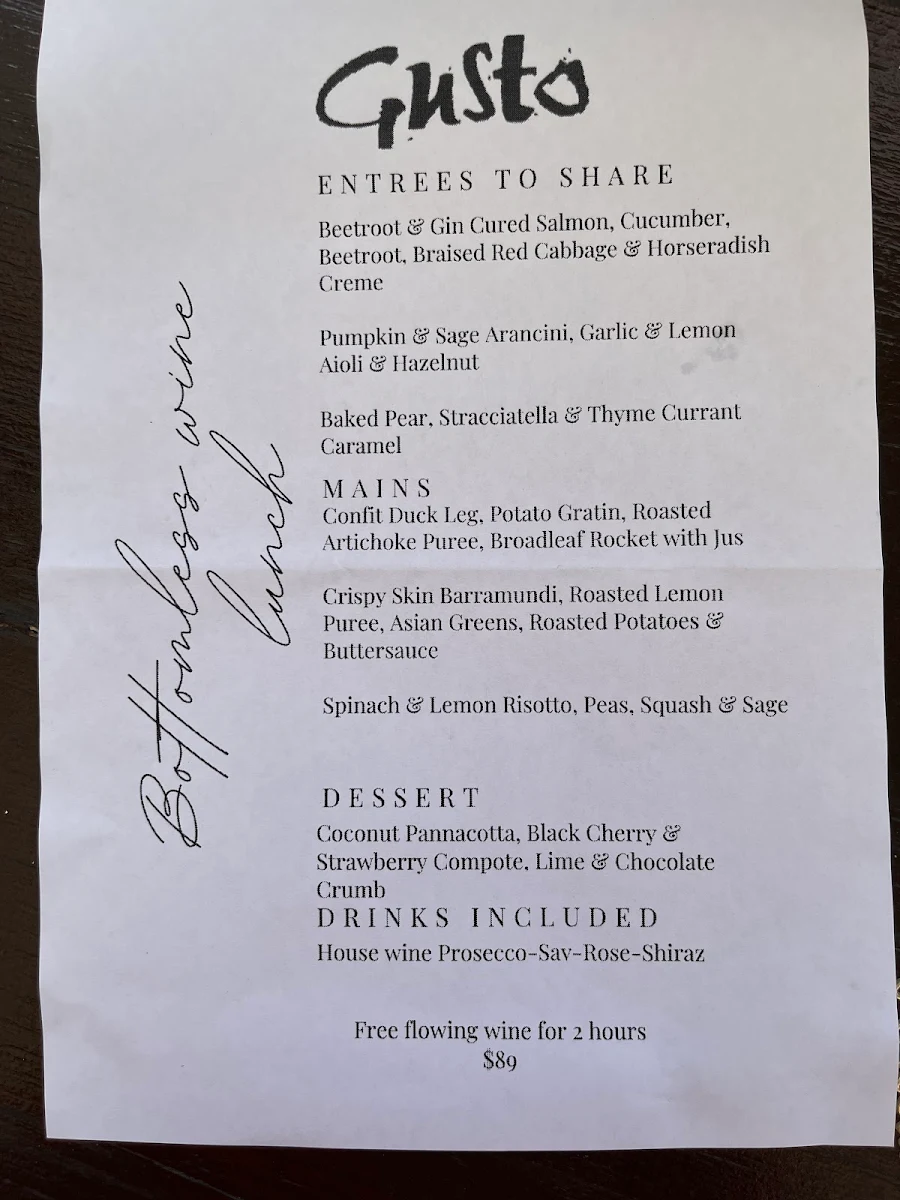 Menu, Gusto Riverfront Restaurant