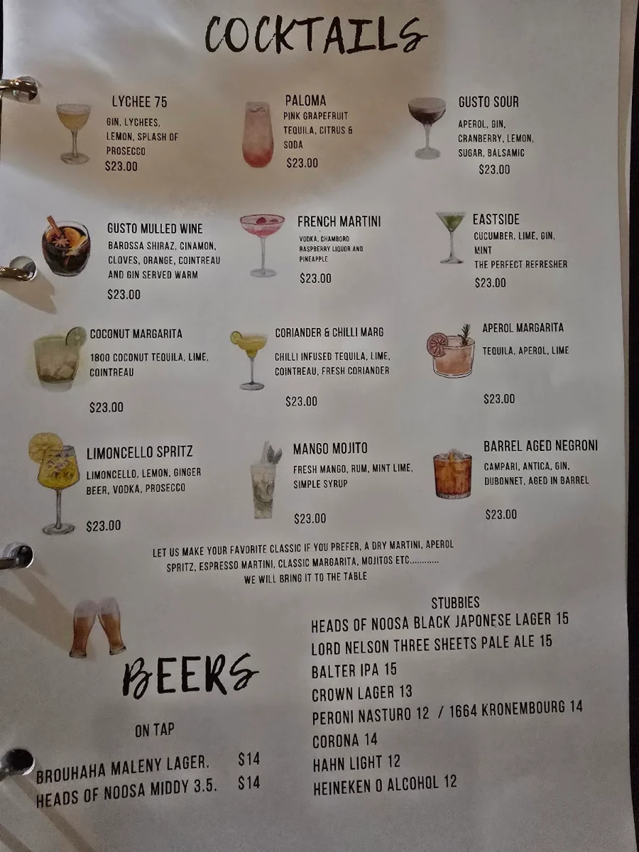 Menu, Gusto Riverfront Restaurant