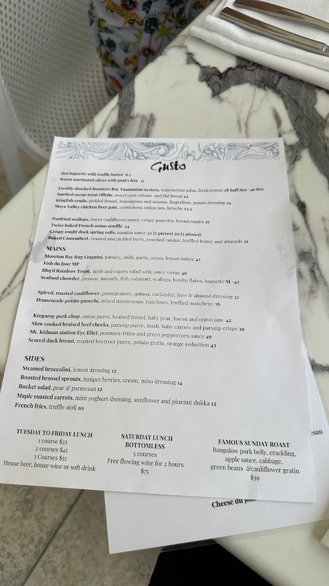 Menu, Gusto Riverfront Restaurant